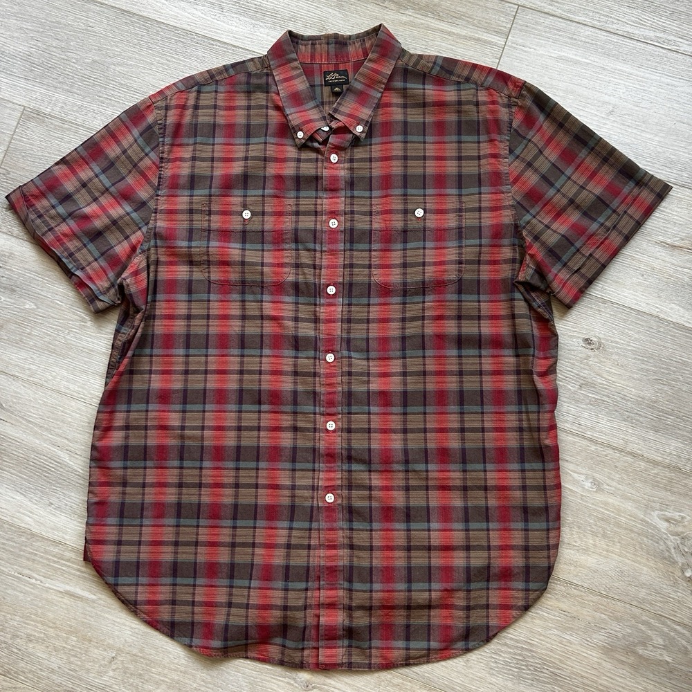 LL Bean Mens Button‎ Down Plaid Double Pocket Shirt Short Sleeve Size XL